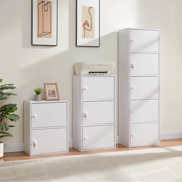 Alt view image 5 of 7 - Two Door Narrow Corner Storage Cabinet Locking Door Metal Lock Two Keys Large Comfort Wooden Knob Handles Color, White