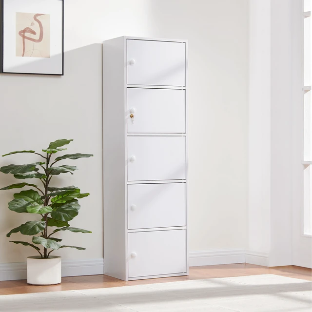 Main image of Five Door Narrow Corner Storage Cabinet Locking Door Metal Lock Two Keys Large Comfort Wooden Knob Handles Color