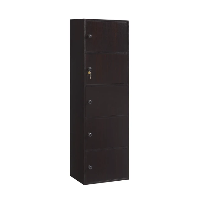 Alt view image 6 of 7 - Five Door Narrow Corner Storage Cabinet Locking Door Metal Lock Two Keys Large Comfort Wooden Knob Handles Coca Color