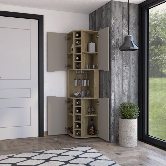 Alt view image 2 of 7 - Lyla Corner Bar Cabinet, Ten Built in Wine Rack Four Door Cabinet Four Interior Shelves, Multi, Particle Board