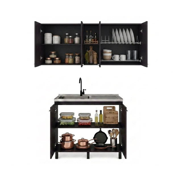 Alt view image 3 of 7 - 39.3 Inch Manufactured 2 Piece Utility Sink Cabinet Set with Storage, Wall Cabinet and Base Wenge, Particle Board