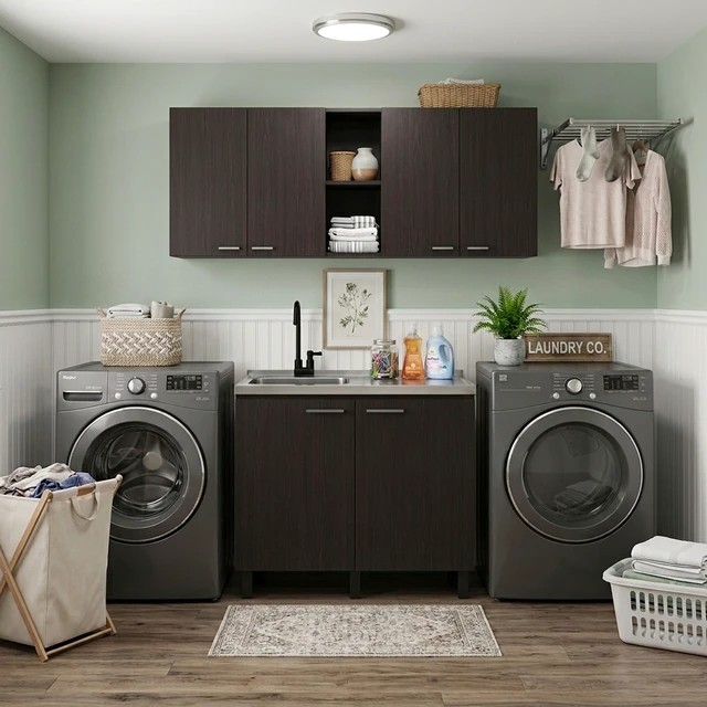 Alt view image 2 of 7 - 39.3 Inch Manufactured 2 Piece Utility Sink Cabinet Set with Storage, Wall Cabinet and Base Wenge, Particle Board