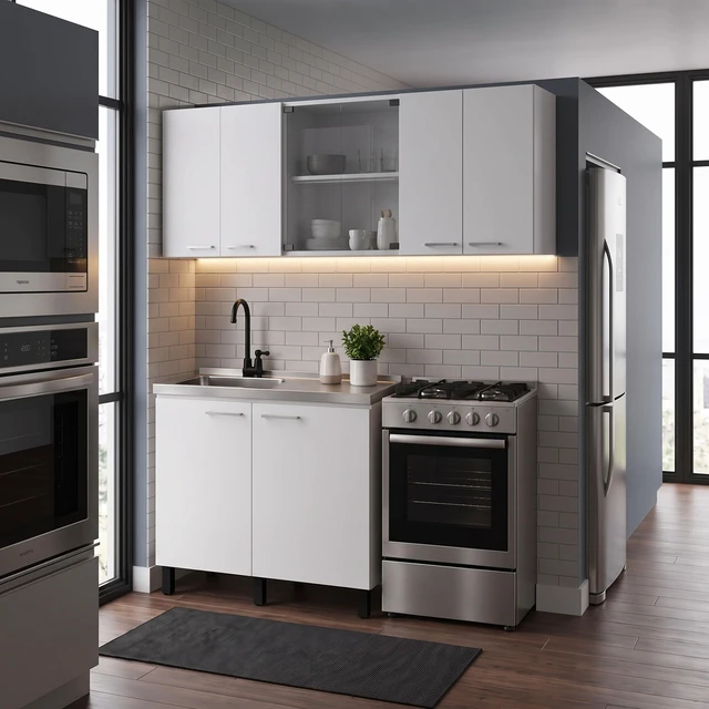 Main image of Manufactured Utility Storage Cabinet Set with Sink Base, Wall Cabinets and Glass Door Storage, White, Particle Board