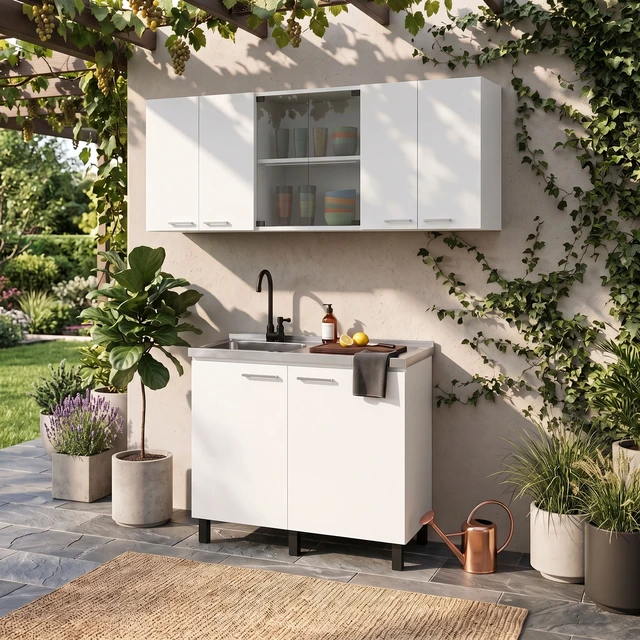 Alt view image 2 of 7 - Manufactured Utility Storage Cabinet Set with Sink Base, Wall Cabinets and Glass Door Storage, White, Particle Board