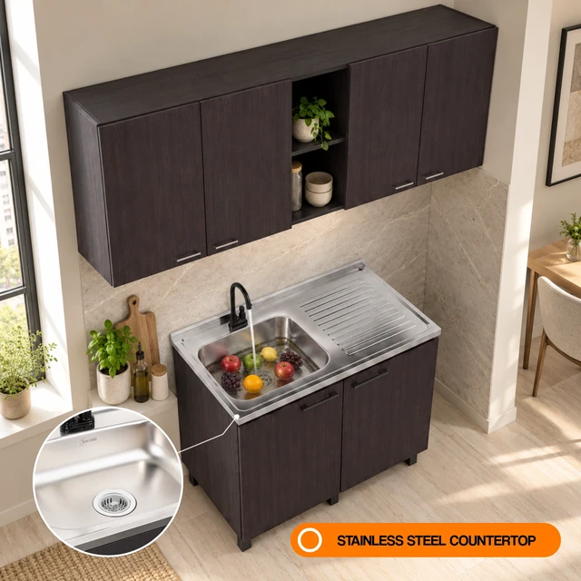 Alt view image 5 of 7 - 39.3 Inch Manufactured 2 Piece Utility Sink Cabinet Set with Storage, Wall Cabinet and Base Wenge, Particle Board