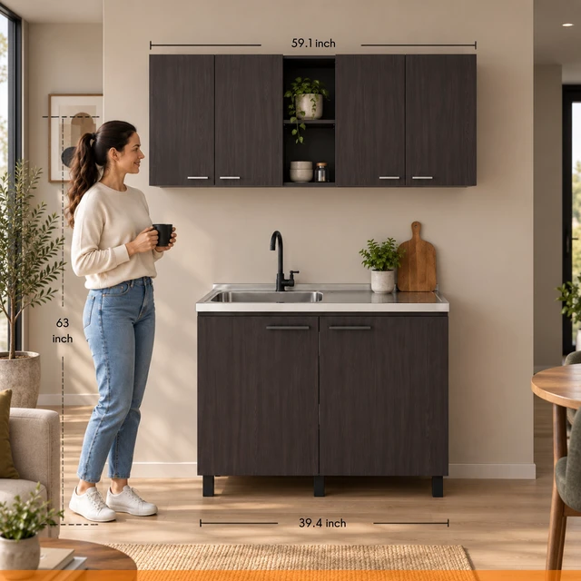 Alt view image 4 of 7 - 39.3 Inch Manufactured 2 Piece Utility Sink Cabinet Set with Storage, Wall Cabinet and Base Wenge, Particle Board