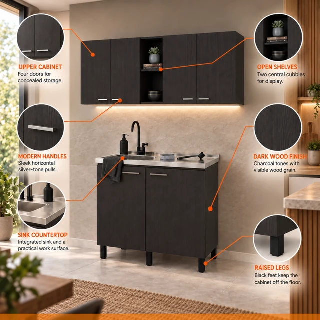 Alt view image 6 of 7 - 39.3 Inch Manufactured 2 Piece Utility Sink Cabinet Set with Storage, Wall Cabinet and Base Wenge, Particle Board