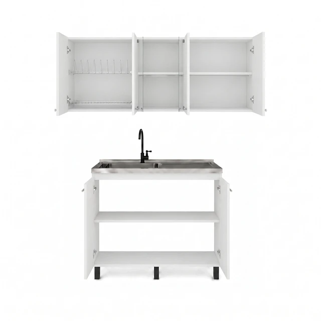 Alt view image 6 of 7 - Manufactured Utility Storage Cabinet Set with Sink Base, Wall Cabinets and Glass Door Storage, White, Particle Board