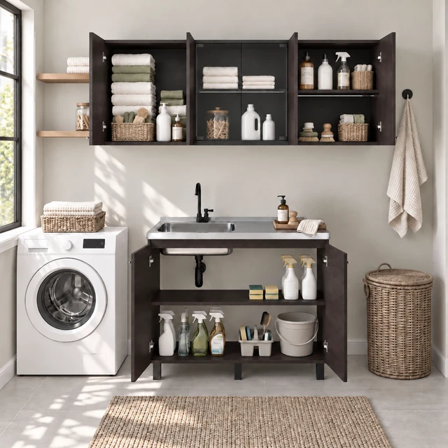 Alt view image 2 of 7 - Manufactured Utility Storage Cabinet Set with Sink Base, Wall Cabinets and Glass Door Storage, Wenge, Particle Board
