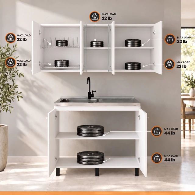 Alt view image 5 of 7 - Manufactured Utility Storage Cabinet Set with Sink Base, Wall Cabinets and Glass Door Storage, White, Particle Board