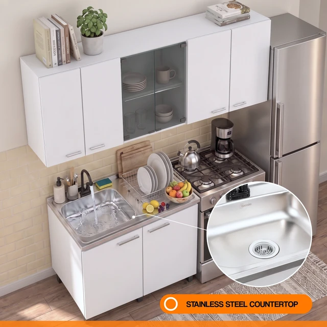 Alt view image 4 of 7 - Manufactured Utility Storage Cabinet Set with Sink Base, Wall Cabinets and Glass Door Storage, White, Particle Board