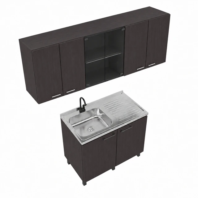 Alt view image 4 of 7 - Manufactured Utility Storage Cabinet Set with Sink Base, Wall Cabinets and Glass Door Storage, Wenge, Particle Board