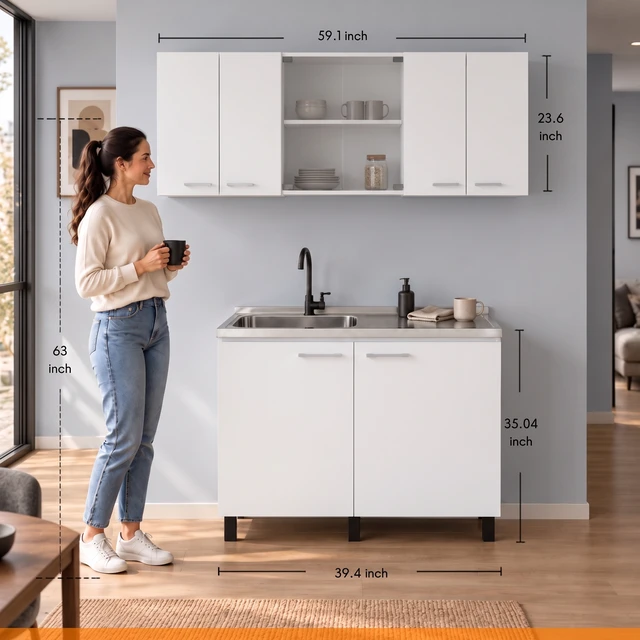 Alt view image 7 of 7 - Manufactured Utility Storage Cabinet Set with Sink Base, Wall Cabinets and Glass Door Storage, White, Particle Board