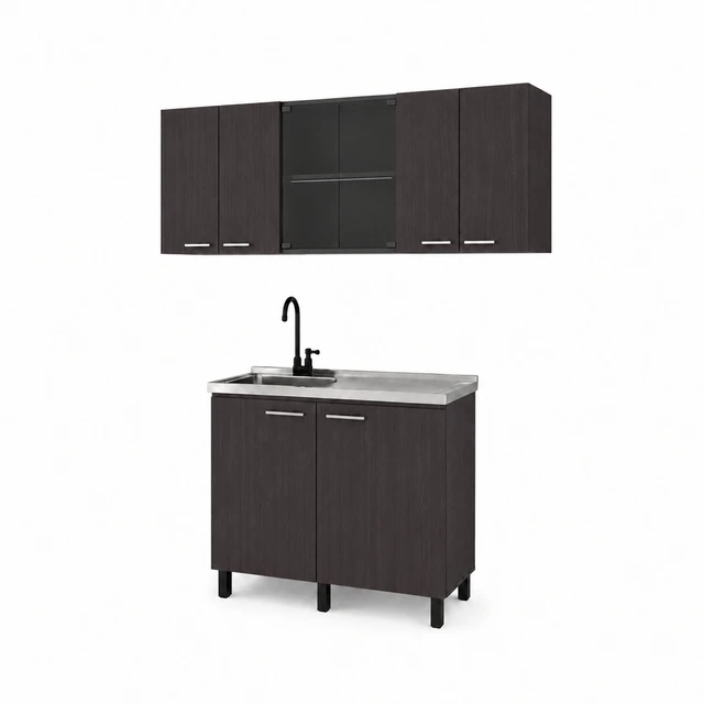 Alt view image 5 of 7 - Manufactured Utility Storage Cabinet Set with Sink Base, Wall Cabinets and Glass Door Storage, Wenge, Particle Board