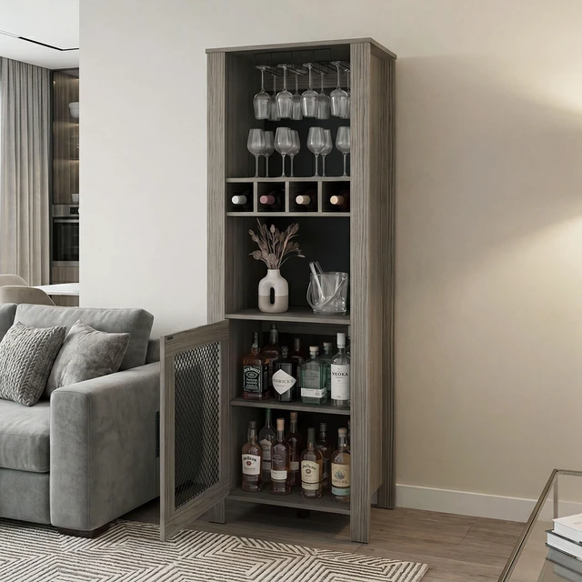 Alt view image 2 of 7 - One Door Bar Cabinet with 2 Shelves, Open Storage 4 Bottle Racks and Glass Cup Holders, Grayish, Particle Board