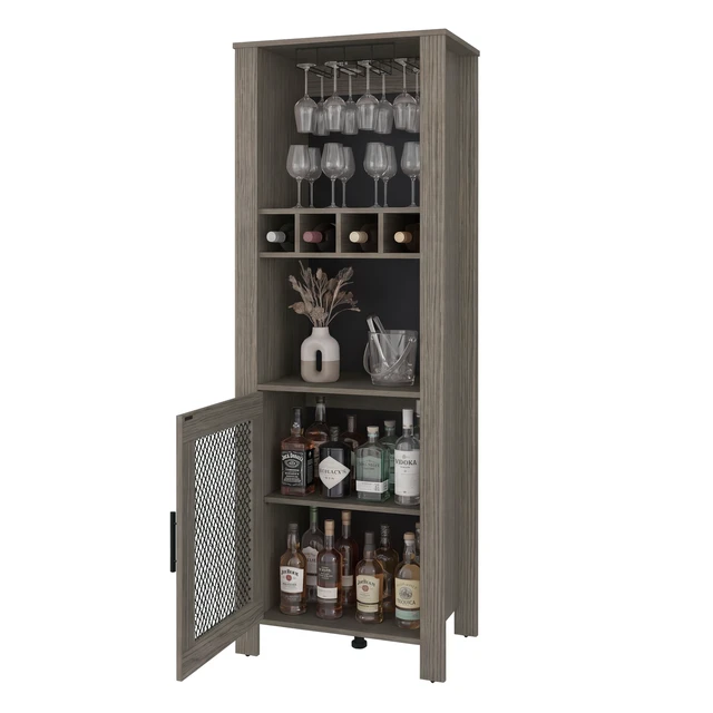 Alt view image 7 of 7 - One Door Bar Cabinet with 2 Shelves, Open Storage 4 Bottle Racks and Glass Cup Holders, Grayish, Particle Board