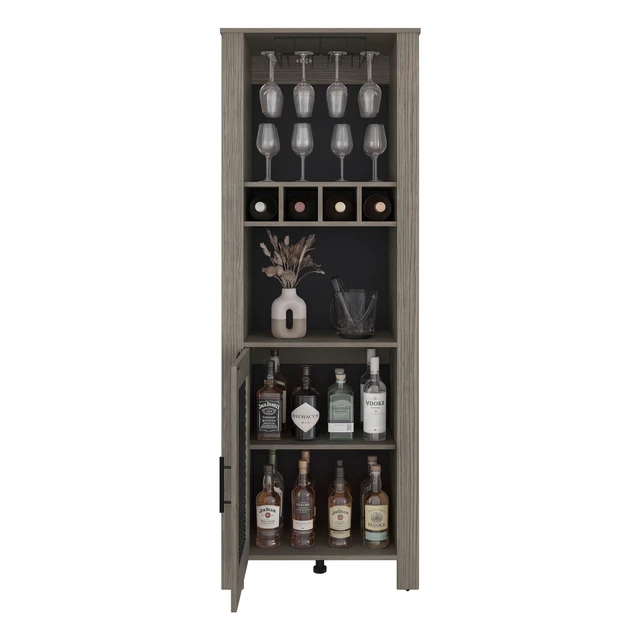 Alt view image 6 of 7 - One Door Bar Cabinet with 2 Shelves, Open Storage 4 Bottle Racks and Glass Cup Holders, Grayish, Particle Board