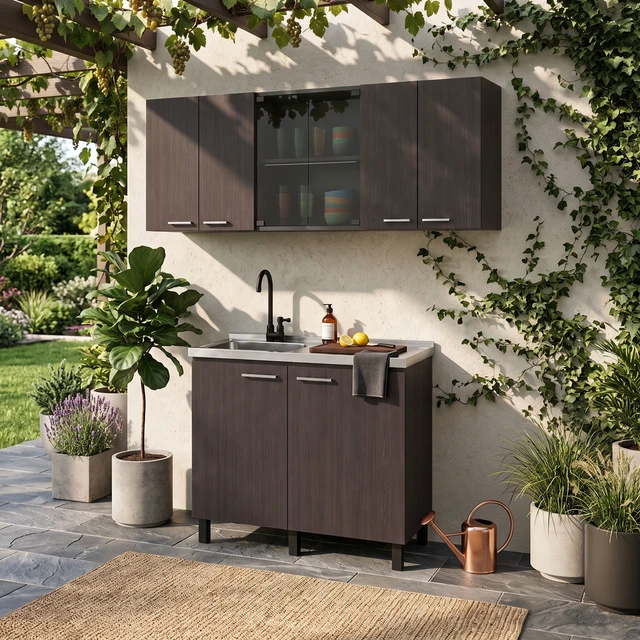 Alt view image 6 of 7 - Manufactured Utility Storage Cabinet Set with Sink Base, Wall Cabinets and Glass Door Storage, Wenge, Particle Board