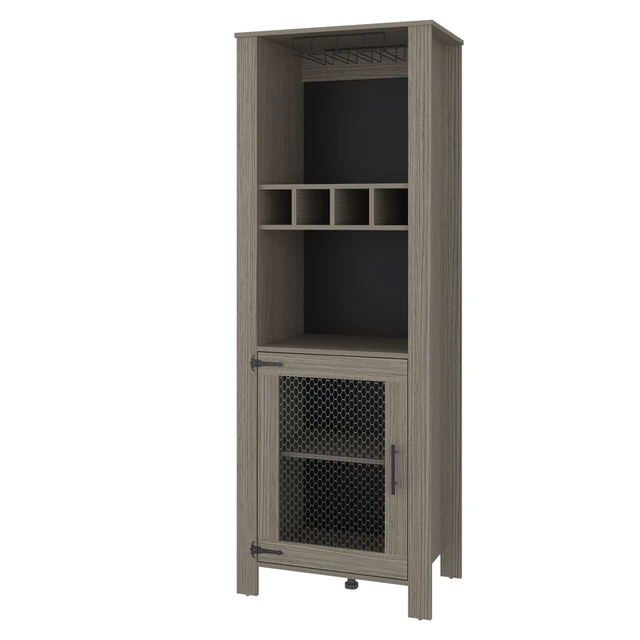 Alt view image 5 of 7 - One Door Bar Cabinet with 2 Shelves, Open Storage 4 Bottle Racks and Glass Cup Holders, Grayish, Particle Board