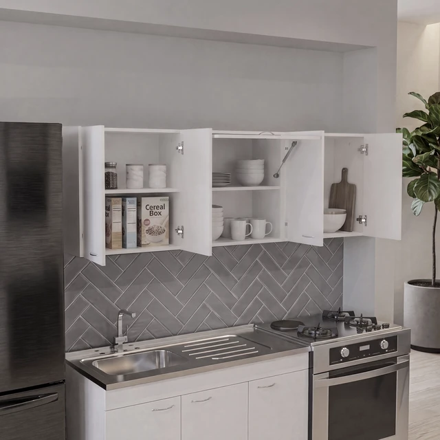 Alt view image 2 of 7 - Wall-Mounted Kitchen 5 Door Cabinet with Interior Storage Shelves and Open Middle Shelf, White, Particle Board
