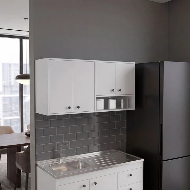 Main image of Wall-Mounted Kitchen Cabinet with 4 Door Closed Storage Cabinets, Interior Shelves and Open Small Storage Space, White