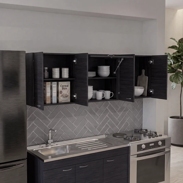 Alt view image 2 of 7 - Wall-Mounted Kitchen 5 Door Cabinet with Interior Storage Shelves and Open Middle Shelf, Dark Brown, Particle Board