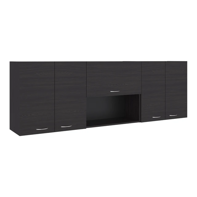 Alt view image 7 of 7 - Wall-Mounted Kitchen 5 Door Cabinet with Interior Storage Shelves and Open Middle Shelf, Dark Brown, Particle Board