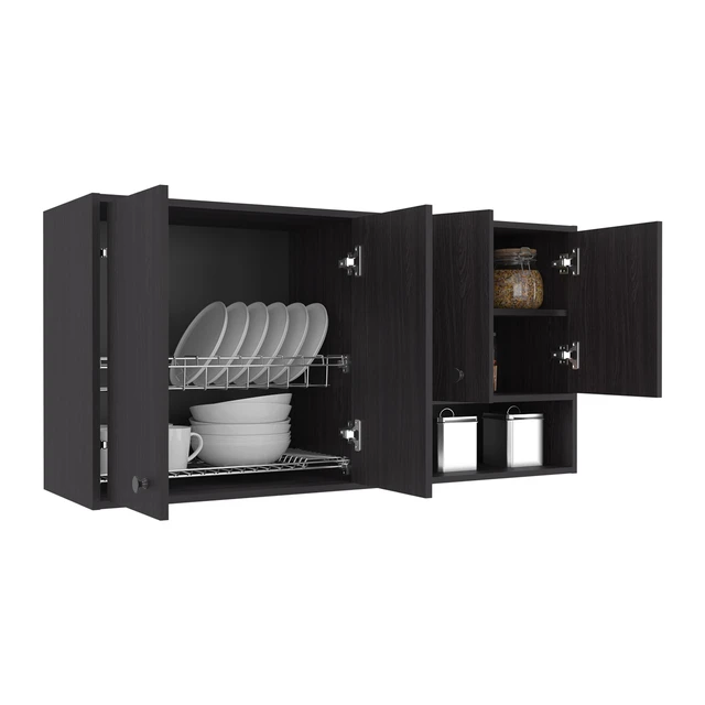 Alt view image 3 of 7 - Wall-Mounted Kitchen Cabinet with 4 Door Closed Storage Cabinets, Interior Shelves and Open Small Storage Space, Dark
