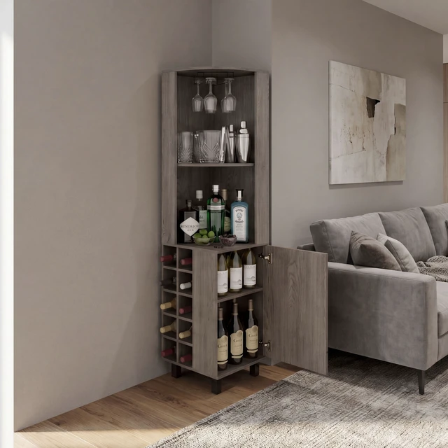 Alt view image 2 of 7 - Corner Bar Cabinet with Wine Cubbies, Stemware Rack and 4 Shelves, Light Gray, Particle Board