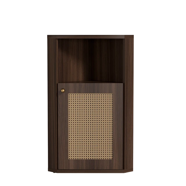 Alt view image 5 of 7 - Corner Storage Cabinet, Floor Corner Cabinet with Rattan Barn Door and Adjustable Shelf Narrow Organizer for Living