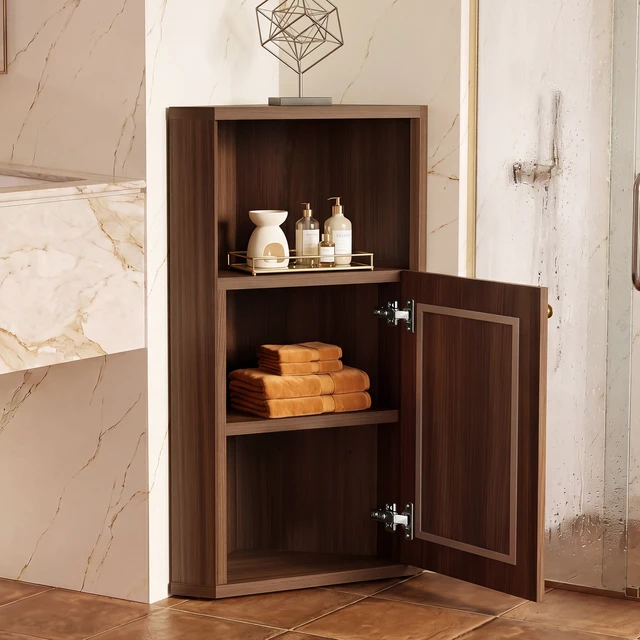 Alt view image 2 of 7 - Corner Storage Cabinet, Floor Corner Cabinet with Rattan Barn Door and Adjustable Shelf Narrow Organizer for Living