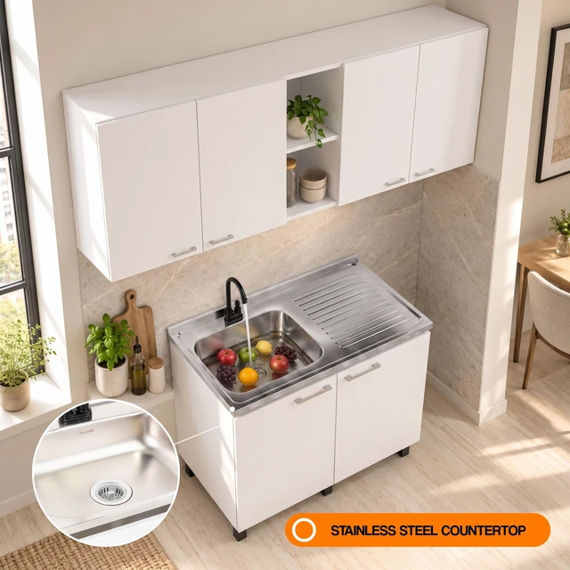 Alt view image 3 of 7 - 39.3 Inch Manufactured 2 Piece Utility Sink Cabinet Set with Storage, Wall Cabinet and Base White, Particle Board