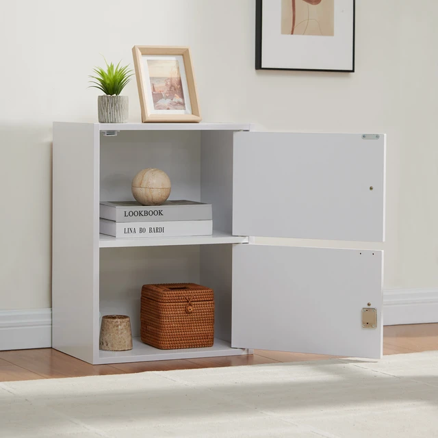 Alt view image 2 of 7 - Two Door Narrow Corner Storage Cabinet Locking Door Metal Lock Two Keys Large Comfort Wooden Knob Handles Color, White