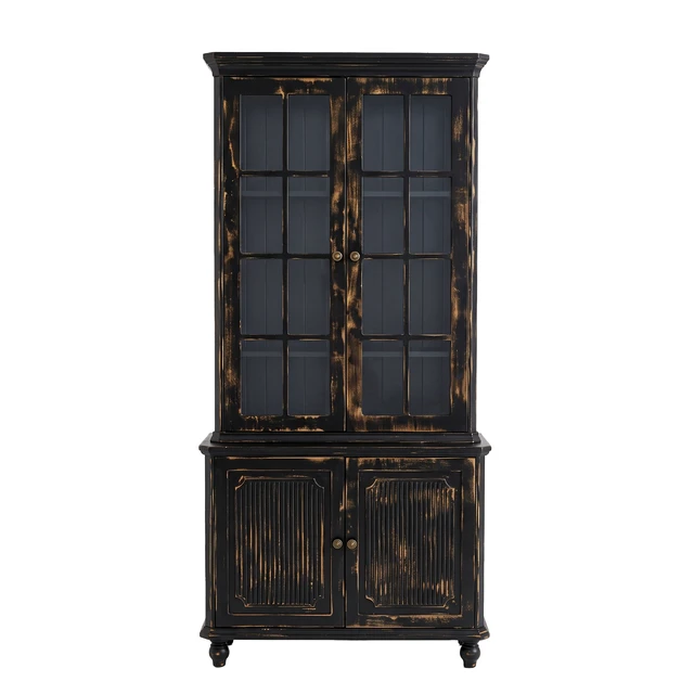 Alt view image 3 of 7 - 77.5 Inch Storage Display Cabinet, Pantry with Glass Doors Hutch Cabinet Sided Glass Curio with Wood Grain for Kitchen