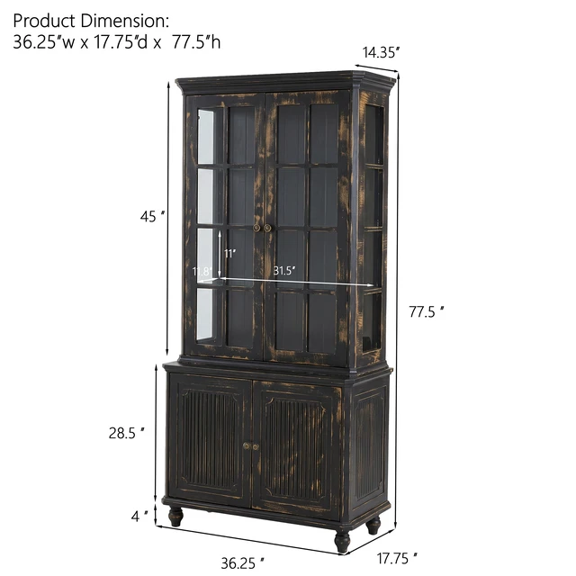 Alt view image 2 of 7 - 77.5 Inch Storage Display Cabinet, Pantry with Glass Doors Hutch Cabinet Sided Glass Curio with Wood Grain for Kitchen