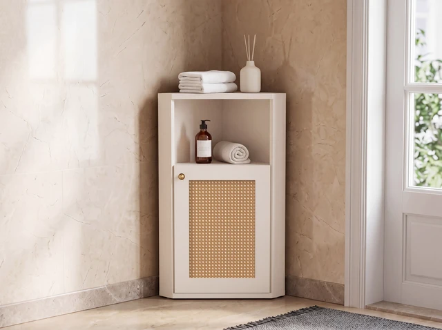 Alt view image 3 of 7 - Corner Storage Cabinet, Floor Corner Cabinet with Rattan Barn Door and Adjustable Shelf Narrow Organizer for Living