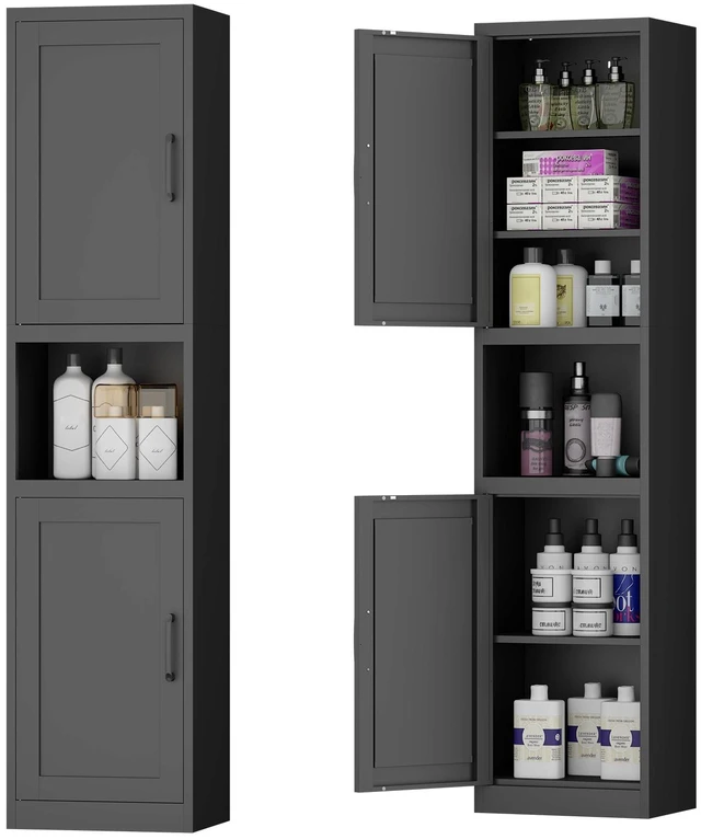 Main image of 67 Inch Tall Narrow Storage Cabinet, Freestanding Linen Tower with Reversible Magnetic Doors Adjustable Shelves Open