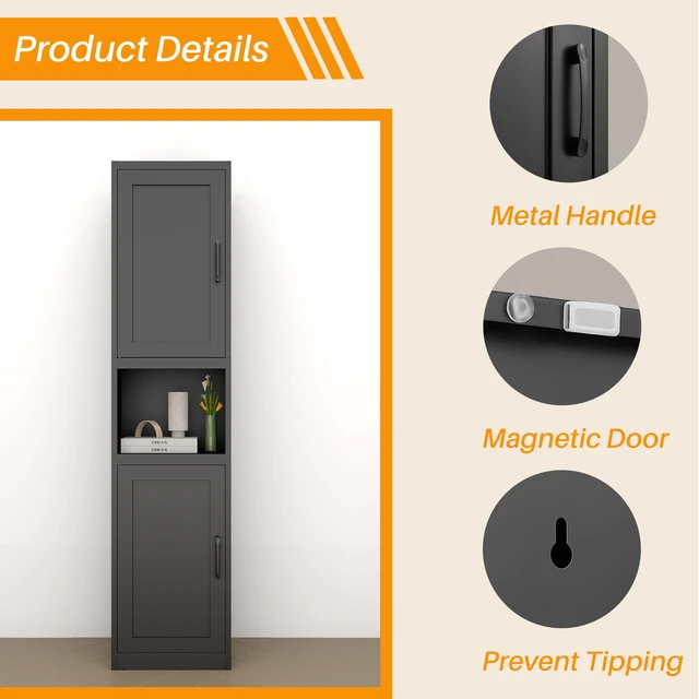 Alt view image 5 of 7 - 67 Inch Tall Narrow Storage Cabinet, Freestanding Linen Tower with Reversible Magnetic Doors Adjustable Shelves Open
