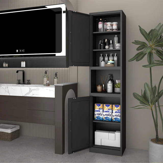 Alt view image 6 of 7 - 67 Inch Tall Narrow Storage Cabinet, Freestanding Linen Tower with Reversible Magnetic Doors Adjustable Shelves Open