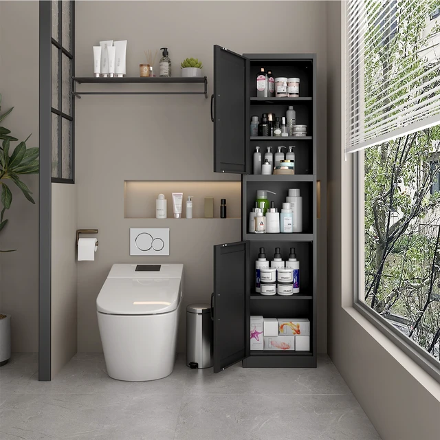 Alt view image 7 of 7 - 67 Inch Tall Narrow Storage Cabinet, Freestanding Linen Tower with Reversible Magnetic Doors Adjustable Shelves Open