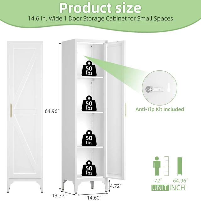 Alt view image 4 of 7 - 65 Inch Tall Narrow Metal Pantry Cabinet, 14.6 Inch 13.77 1 Door Storage Organizer with Adjustable Shelves