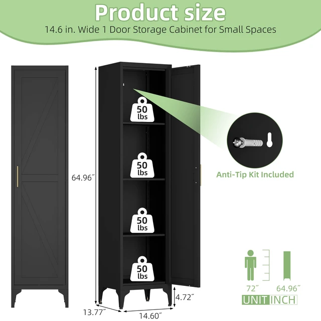 Alt view image 3 of 7 - 65 Inch Tall Narrow Metal Pantry Cabinet, 14.6 Inch 13.77 1 Door Storage Organizer with Adjustable Shelves