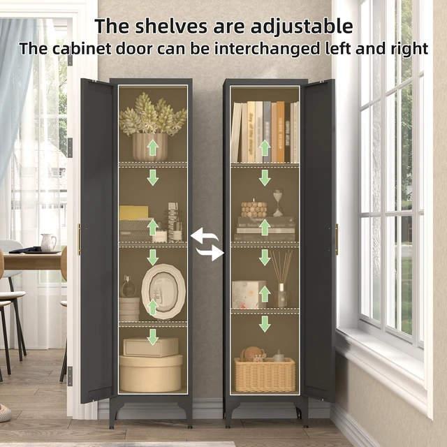 Alt view image 4 of 7 - 65 Inch Tall Narrow Metal Pantry Cabinet, 14.6 Inch 13.77 1 Door Storage Organizer with Adjustable Shelves
