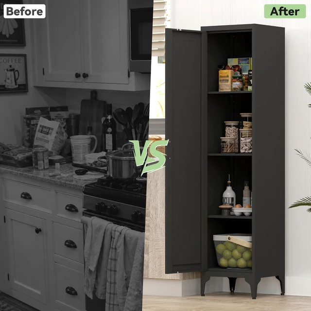 Alt view image 6 of 7 - 65 Inch Tall Narrow Metal Pantry Cabinet, 14.6 Inch 13.77 1 Door Storage Organizer with Adjustable Shelves