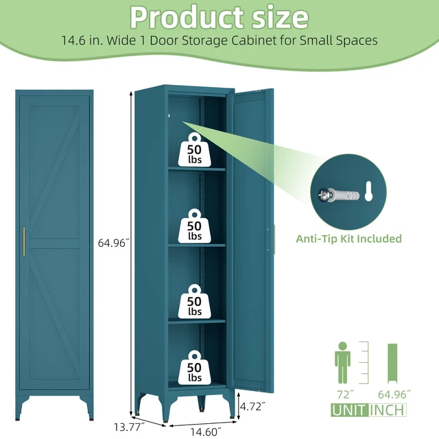 Alt view image 4 of 7 - 65 Inch Tall Narrow Metal Pantry Cabinet, 14.6 Inch 13.77 1 Door Storage Organizer with Adjustable Shelves