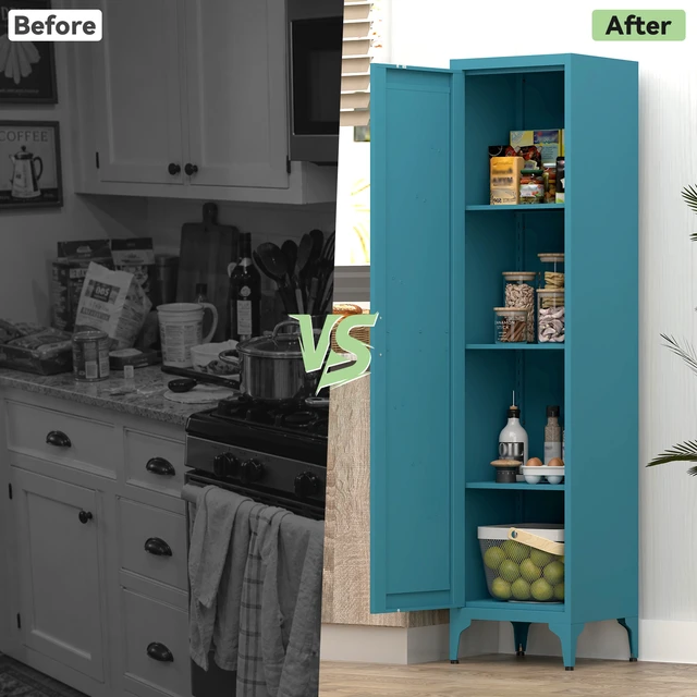 Alt view image 5 of 7 - 65 Inch Tall Narrow Metal Pantry Cabinet, 14.6 Inch 13.77 1 Door Storage Organizer with Adjustable Shelves
