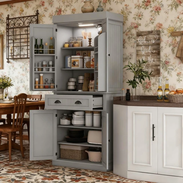 Main image of Kitchen Pantry Cabinet with LED Lights, Door Shelves Drawer and Adjustable Shelves, Grey, MDF