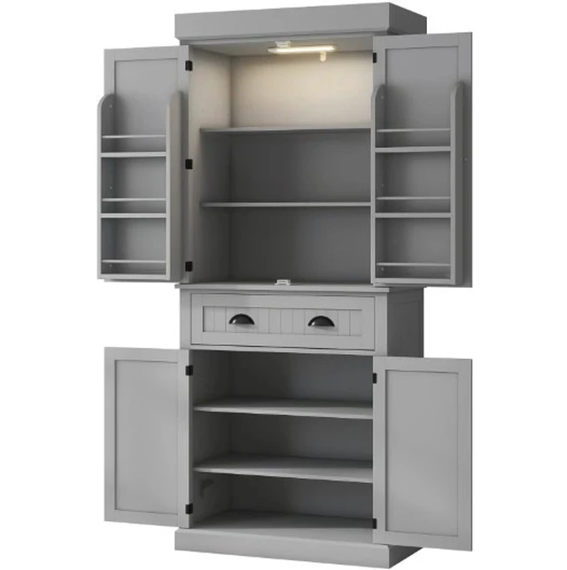 Alt view image 2 of 7 - Kitchen Pantry Cabinet with LED Lights, Door Shelves Drawer and Adjustable Shelves, Grey, MDF