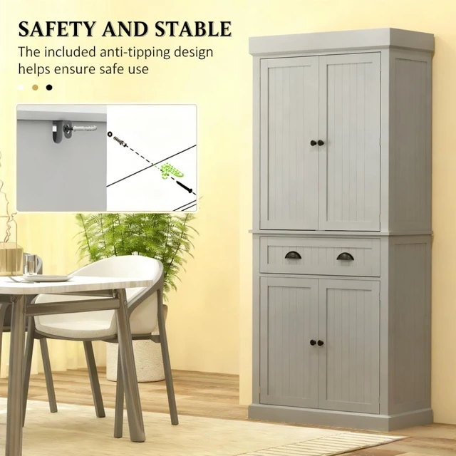 Alt view image 4 of 7 - Kitchen Pantry Cabinet with LED Lights, Door Shelves Drawer and Adjustable Shelves, Grey, MDF