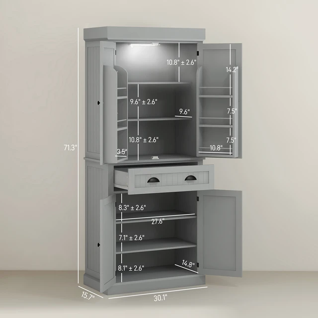 Alt view image 3 of 7 - Kitchen Pantry Cabinet with LED Lights, Door Shelves Drawer and Adjustable Shelves, Grey, MDF